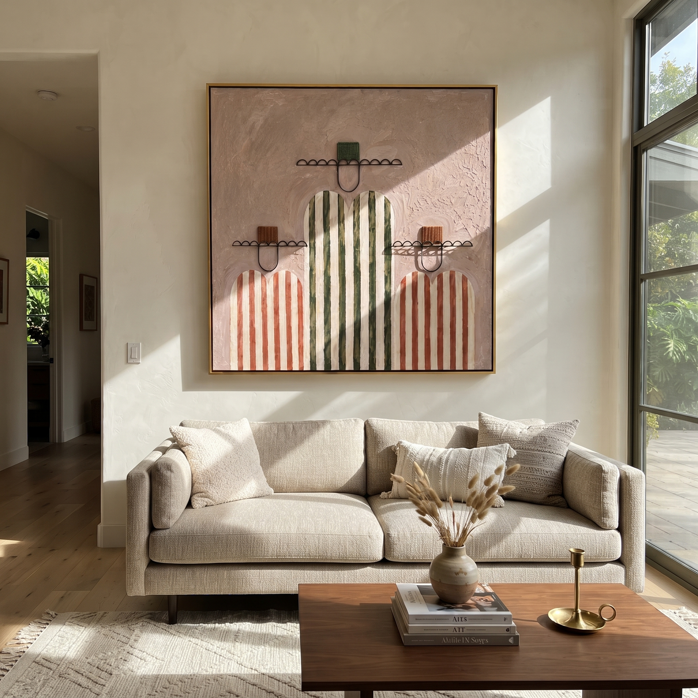 Rose Stripes Keep Company - rose striped cowboy figures painting by Savannah Reed, modern folk art square wall art – styled room scene view 1