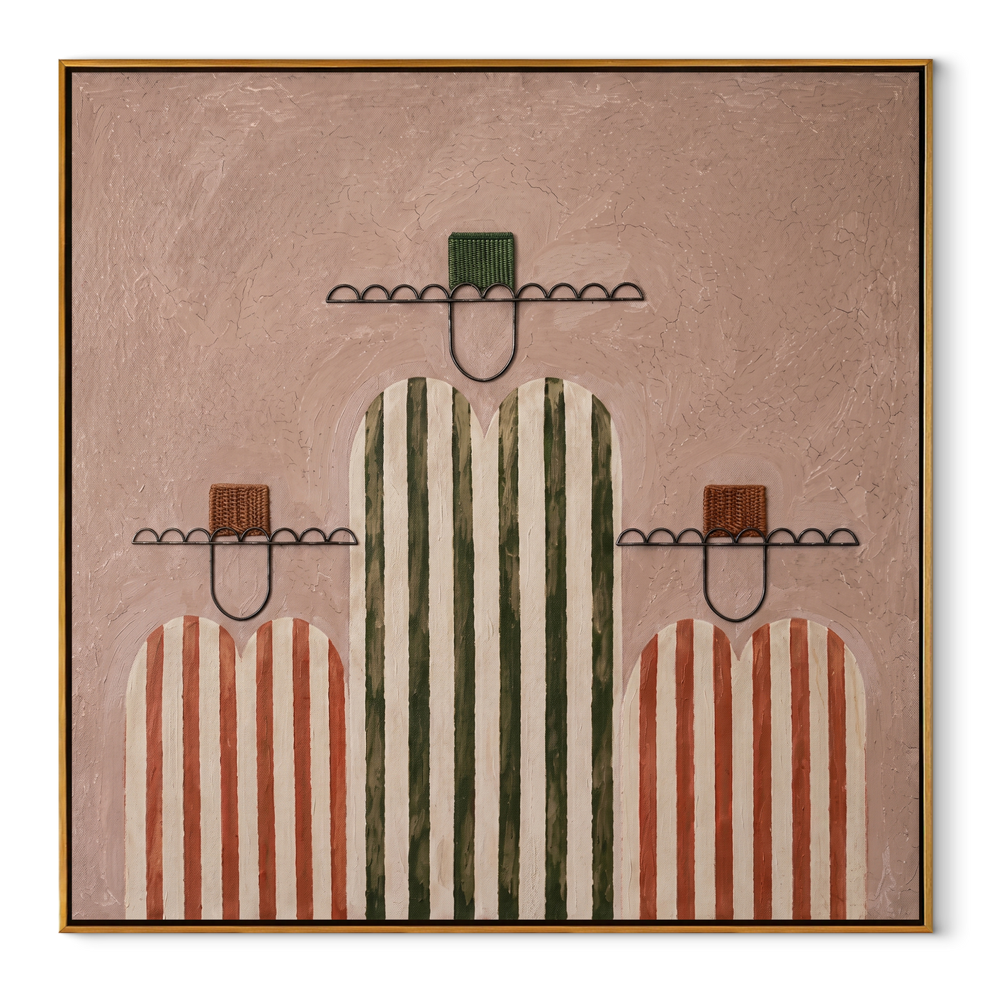 Rose Stripes Keep Company - rose striped cowboy figures painting by Savannah Reed, modern folk art square wall art – wood frame on white background