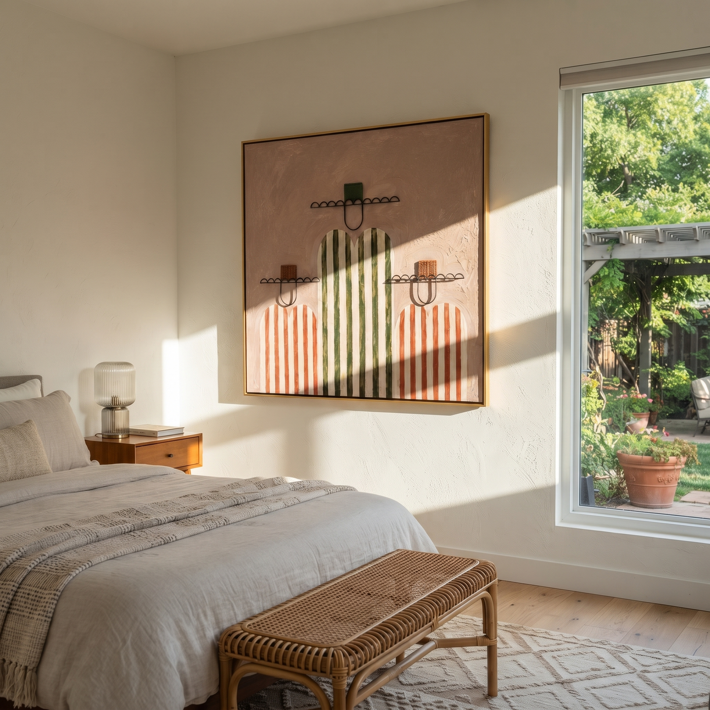 Rose Stripes Keep Company - rose striped cowboy figures painting by Savannah Reed, modern folk art square wall art – styled room scene view 2