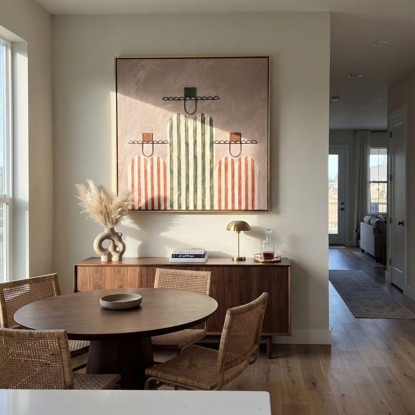 Rose Stripes Keep Company - rose striped cowboy figures painting by Savannah Reed, modern folk art square wall art – styled room scene view 3