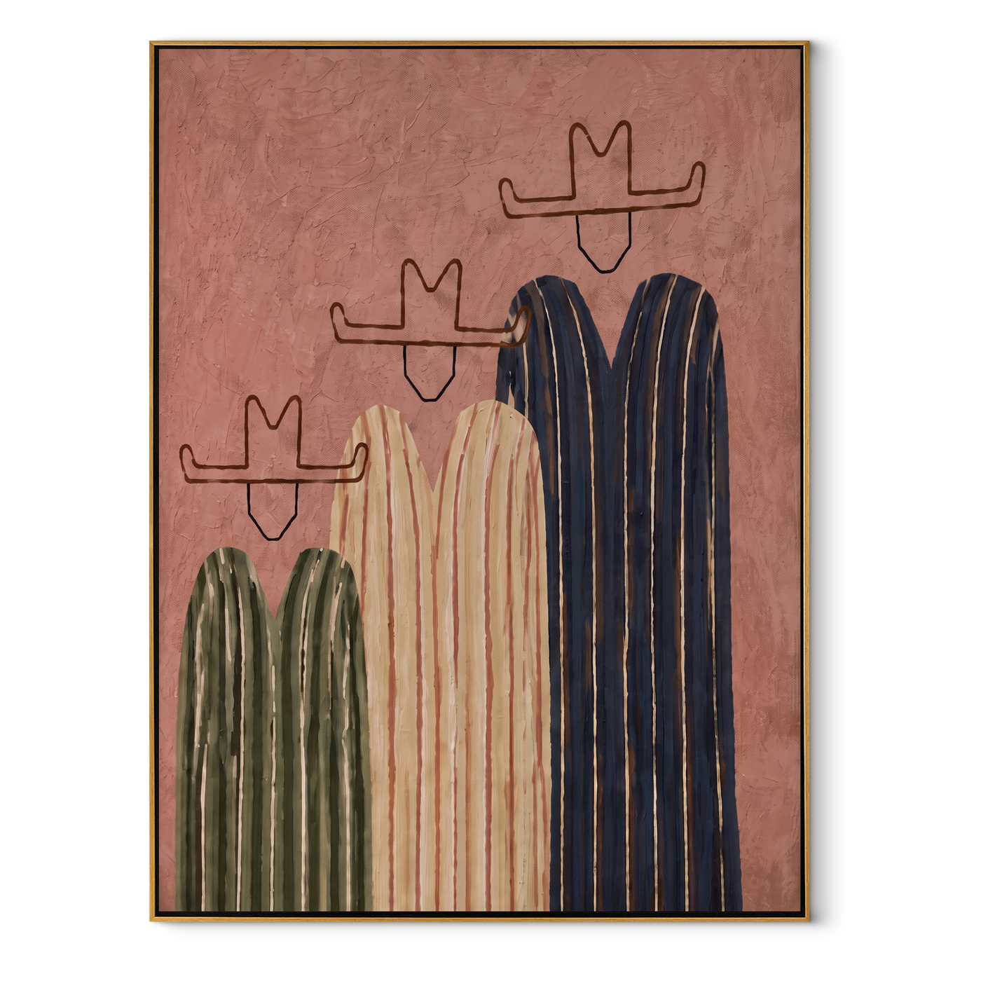 Three Hats Lean Close - three striped cowboy figures painting by Savannah Reed, modern folk art vertical wall art – wood frame on white background