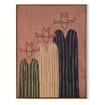 Three Hats Lean Close - three striped cowboy figures painting by Savannah Reed, modern folk art vertical wall art – wood frame on white background