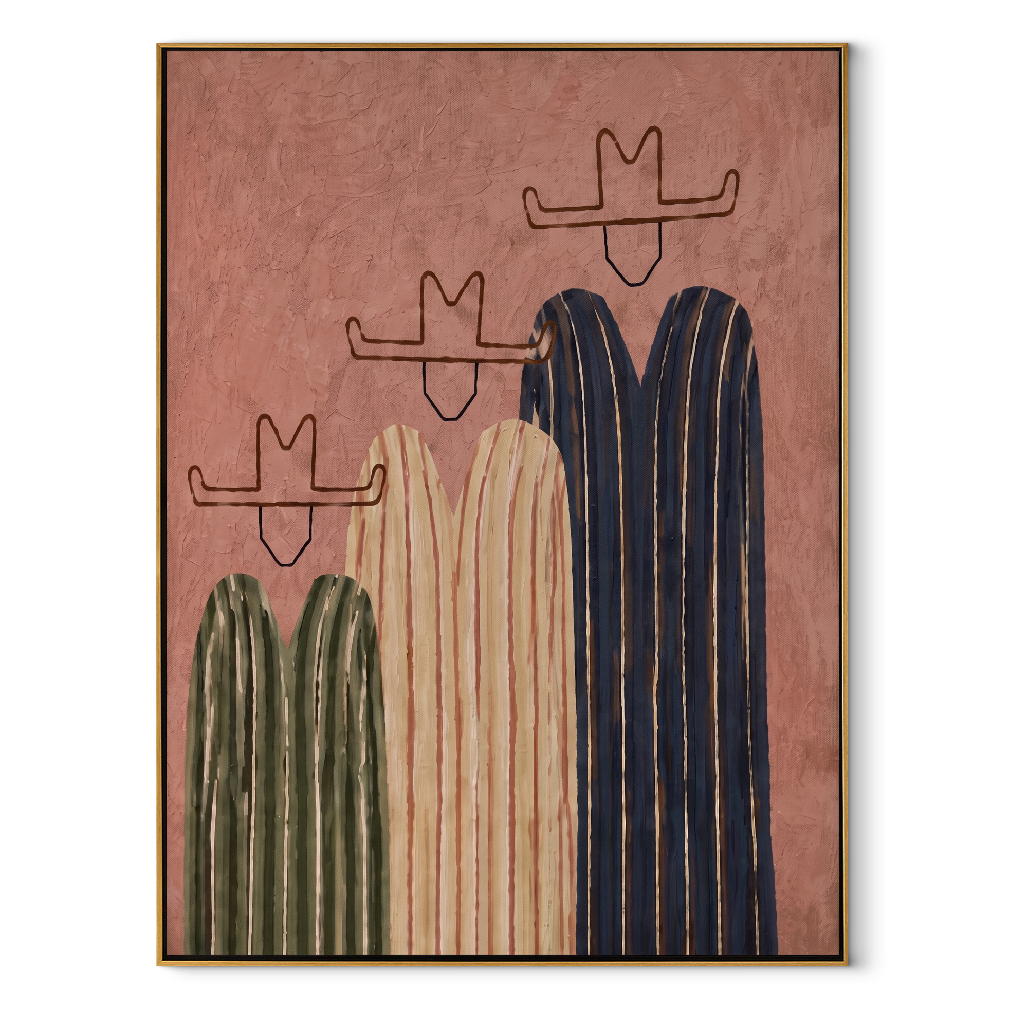 Three Hats Lean Close - three striped cowboy figures painting by Savannah Reed, modern folk art vertical wall art – wood frame on white background