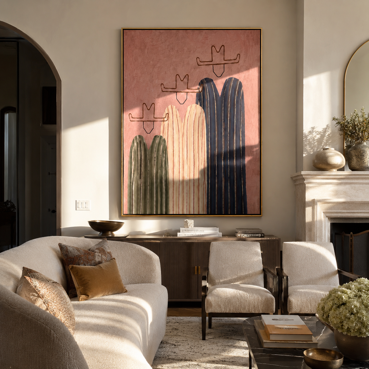 Three Hats Lean Close - three striped cowboy figures painting by Savannah Reed, modern folk art vertical wall art – styled room scene view 2