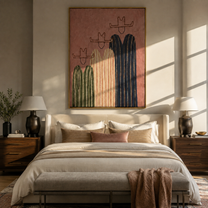 Three Hats Lean Close - three striped cowboy figures painting by Savannah Reed, modern folk art vertical wall art – styled room scene view 3