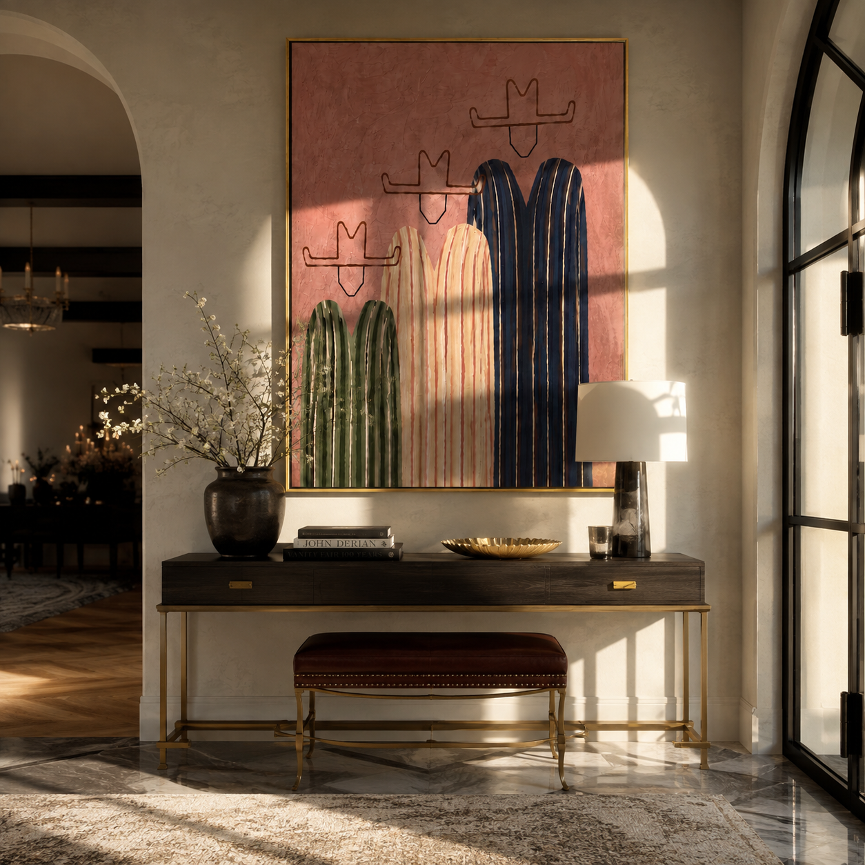 Three Hats Lean Close - three striped cowboy figures painting by Savannah Reed, modern folk art vertical wall art – styled room scene view 4