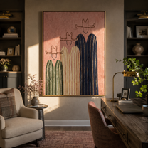 Three Hats Lean Close - three striped cowboy figures painting by Savannah Reed, modern folk art vertical wall art – styled room scene view 5