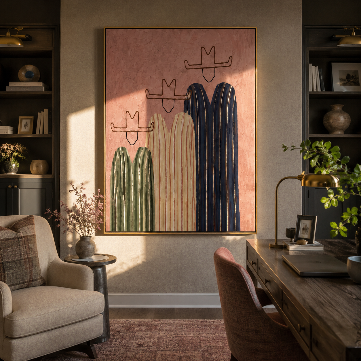 Three Hats Lean Close - three striped cowboy figures painting by Savannah Reed, modern folk art vertical wall art – styled room scene view 5