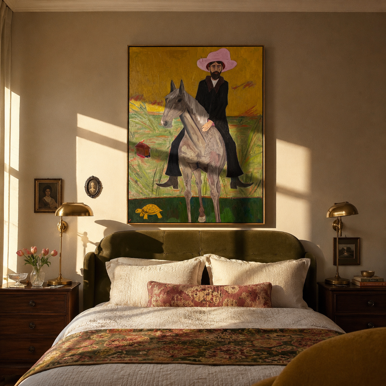 Pink Hat Rides Gold - pink hat cowboy rider painting by Savannah Reed, modern folk art vertical wall art – styled room scene view 1