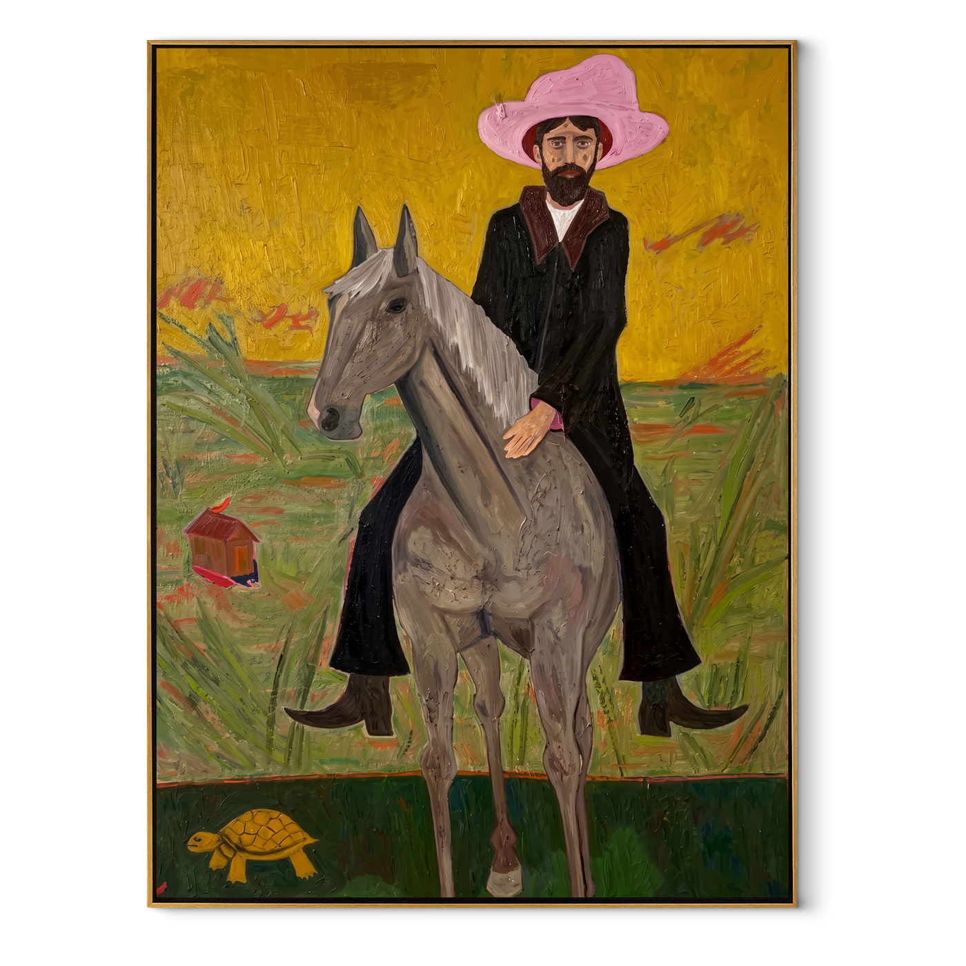 Pink Hat Rides Gold - pink hat cowboy rider painting by Savannah Reed, modern folk art vertical wall art – wood frame on white background