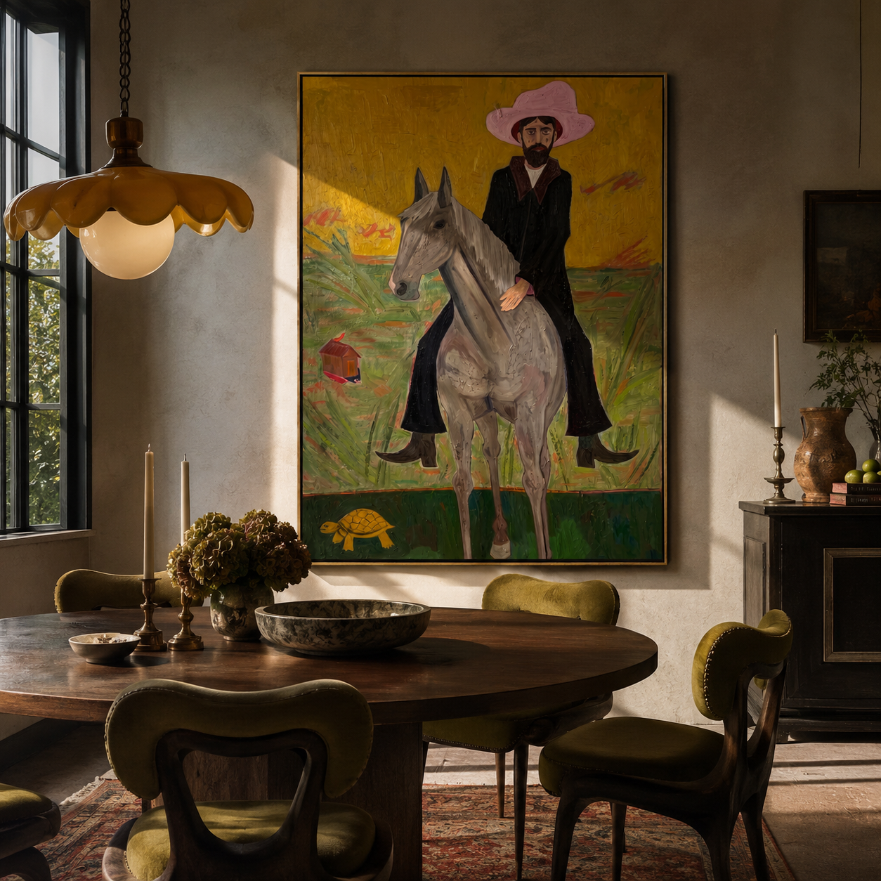 Pink Hat Rides Gold - pink hat cowboy rider painting by Savannah Reed, modern folk art vertical wall art – styled room scene view 2