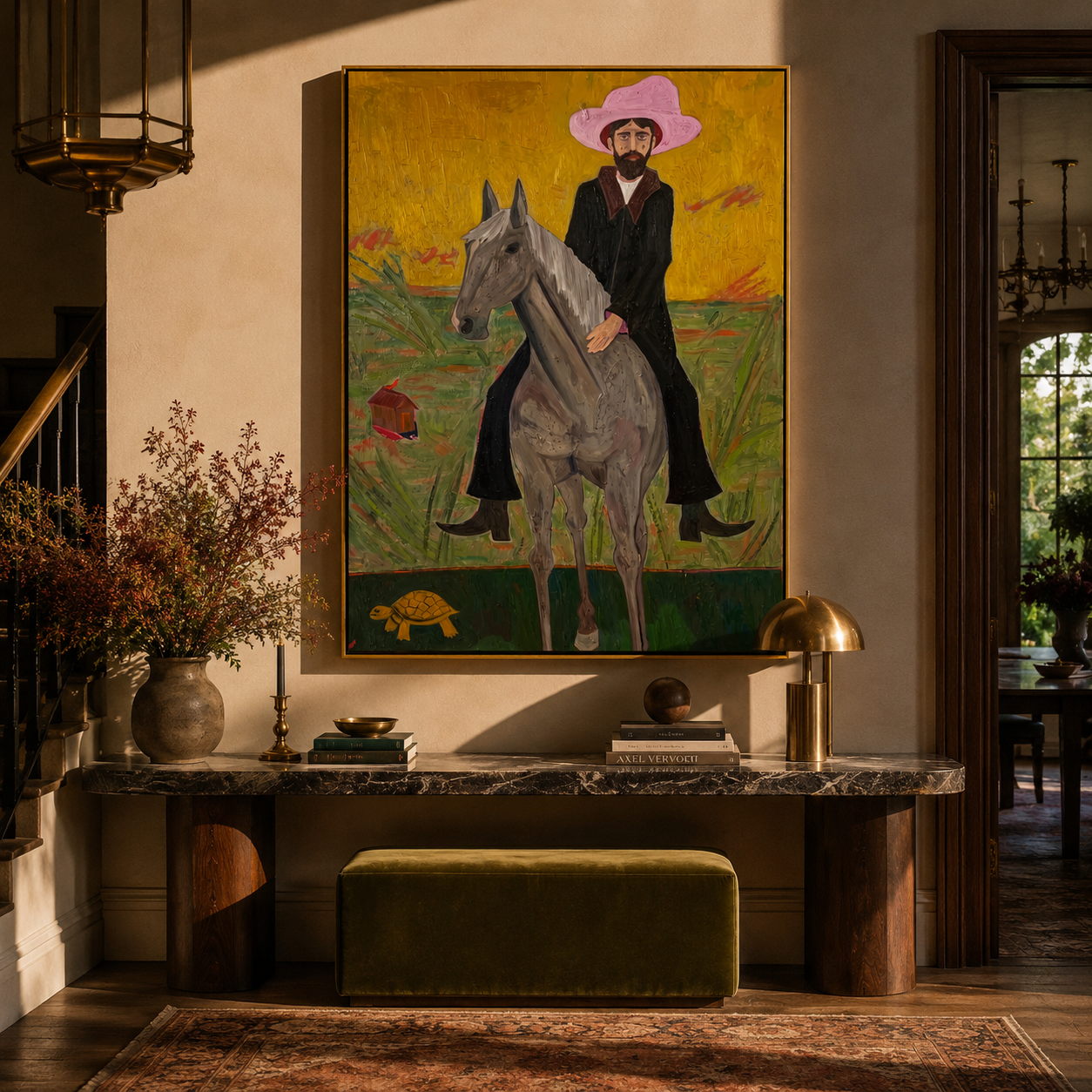 Pink Hat Rides Gold - pink hat cowboy rider painting by Savannah Reed, modern folk art vertical wall art – styled room scene view 3