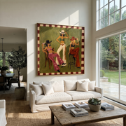 Green Room Holds Three - three cowgirls lounge painting by Savannah Reed, modern folk art square wall art – styled room scene view 1