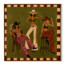 Green Room Holds Three - three cowgirls lounge painting by Savannah Reed, modern folk art square wall art – wood frame on white background