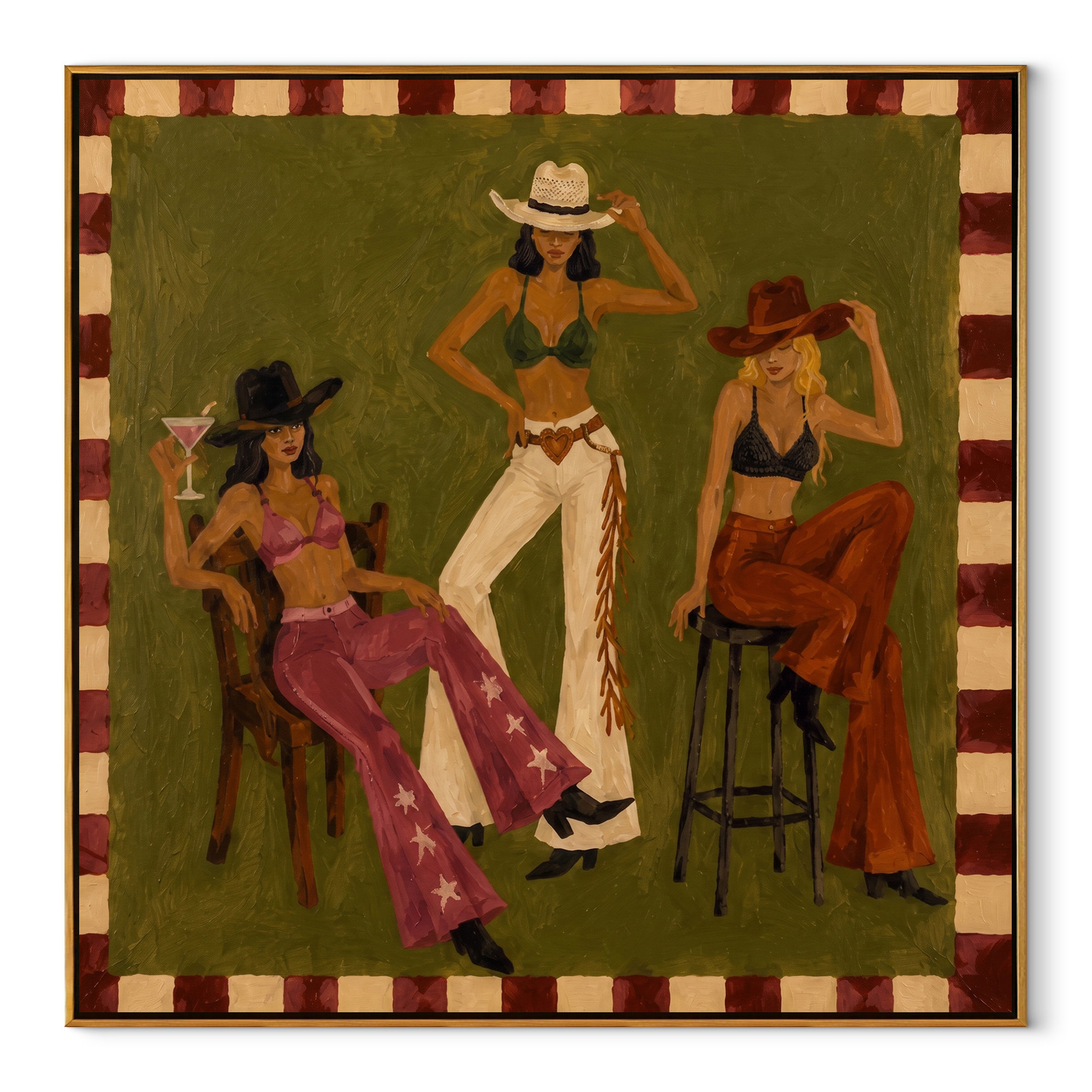 Green Room Holds Three - three cowgirls lounge painting by Savannah Reed, modern folk art square wall art – wood frame on white background