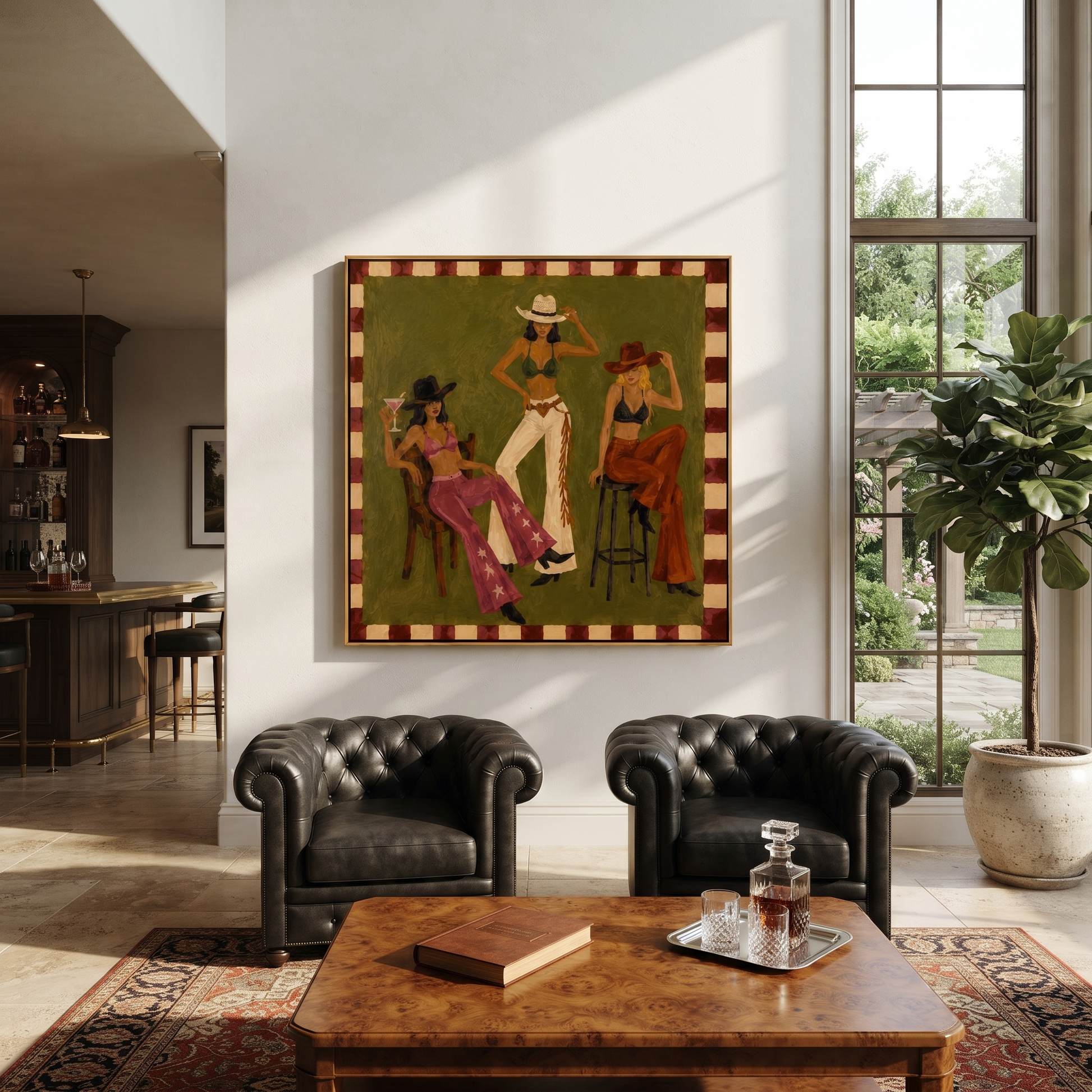 Green Room Holds Three - three cowgirls lounge painting by Savannah Reed, modern folk art square wall art – styled room scene view 2