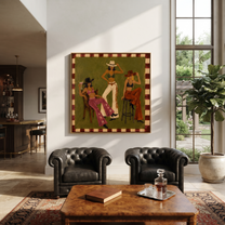 Green Room Holds Three - three cowgirls lounge painting by Savannah Reed, modern folk art square wall art – styled room scene view 2