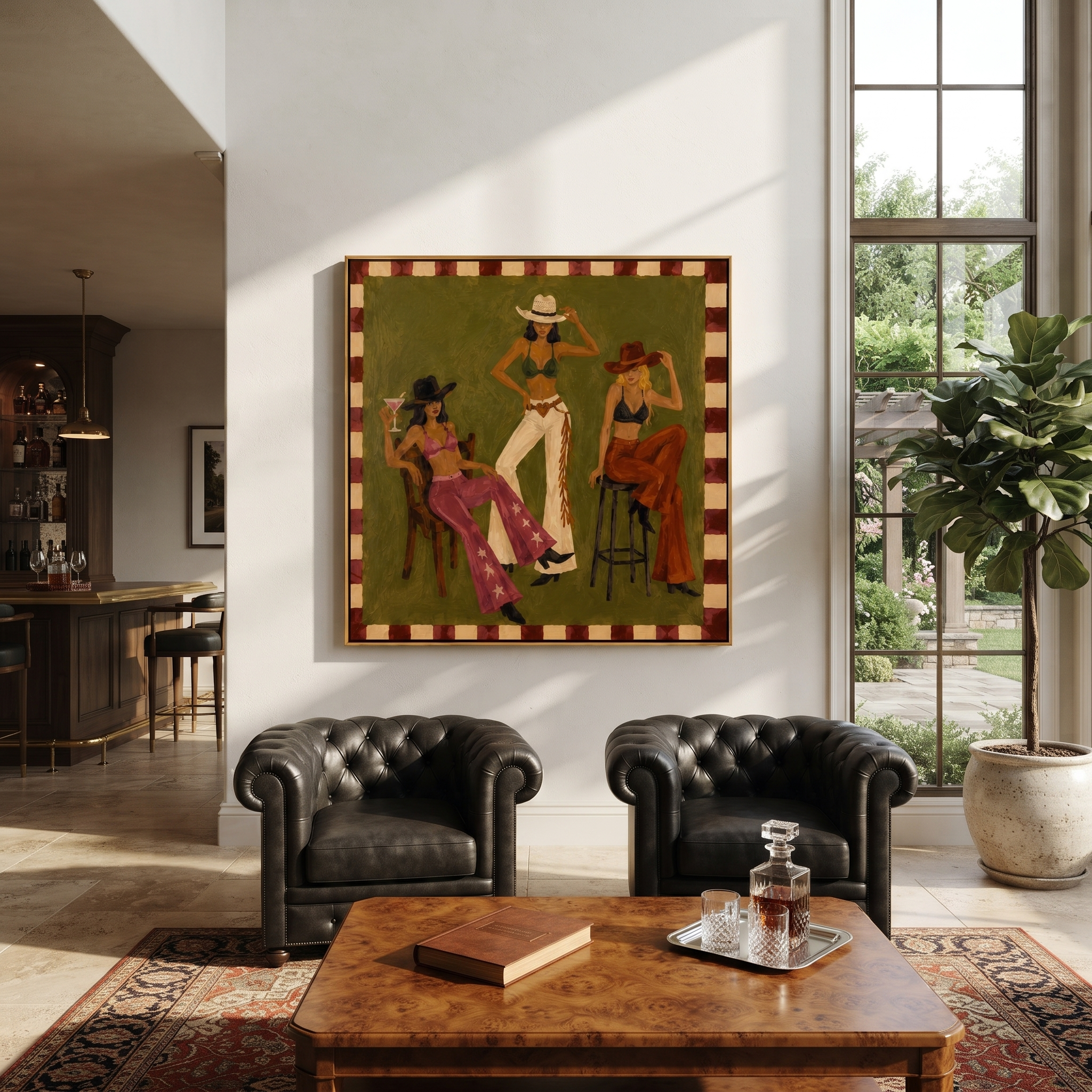 Green Room Holds Three - three cowgirls lounge painting by Savannah Reed, modern folk art square wall art – styled room scene view 2