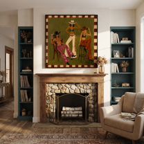 Green Room Holds Three - three cowgirls lounge painting by Savannah Reed, modern folk art square wall art – styled room scene view 3