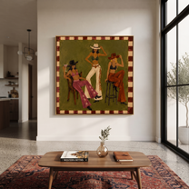 Green Room Holds Three - three cowgirls lounge painting by Savannah Reed, modern folk art square wall art – styled room scene view 4