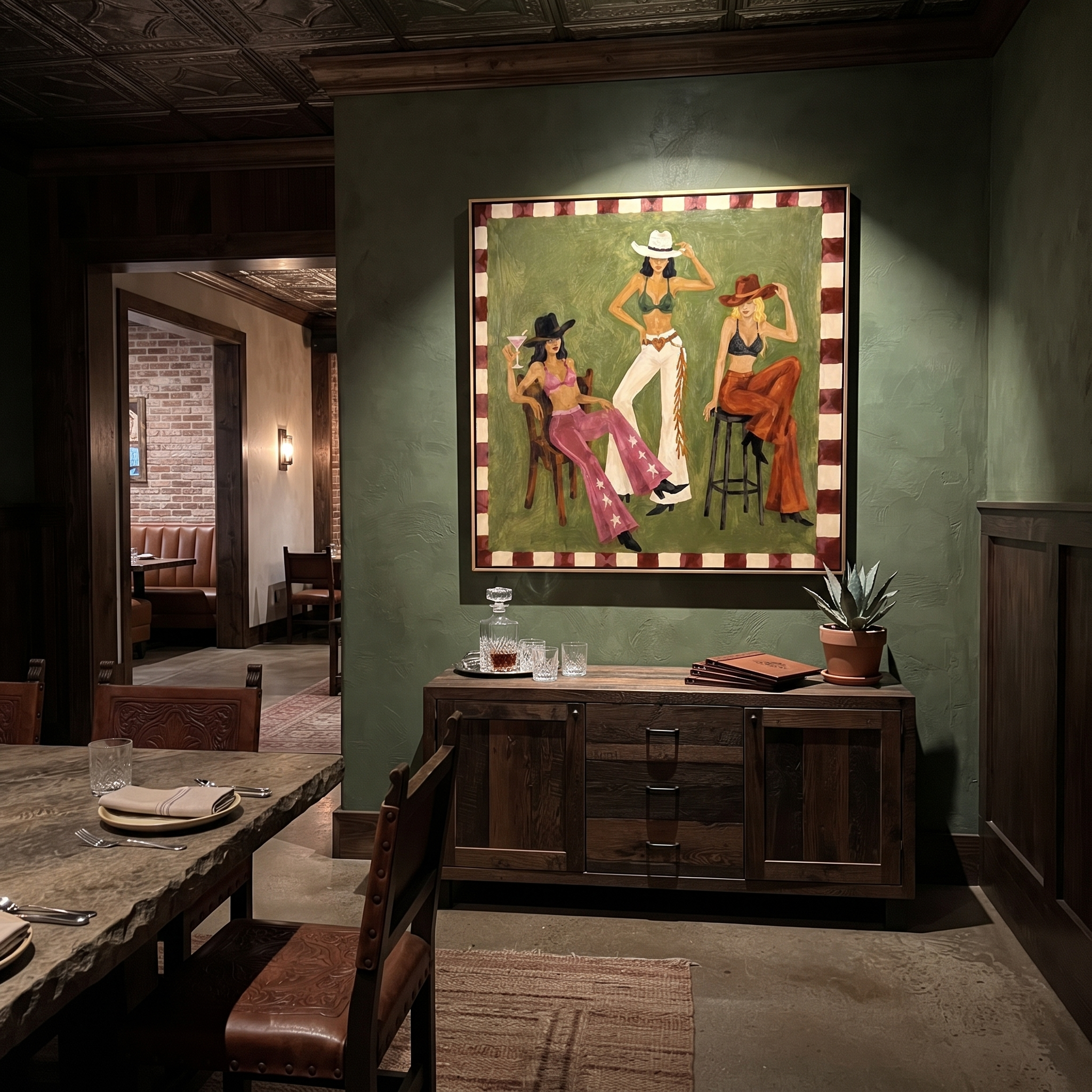 Green Room Holds Three - three cowgirls lounge painting by Savannah Reed, modern folk art square wall art – styled room scene view 5