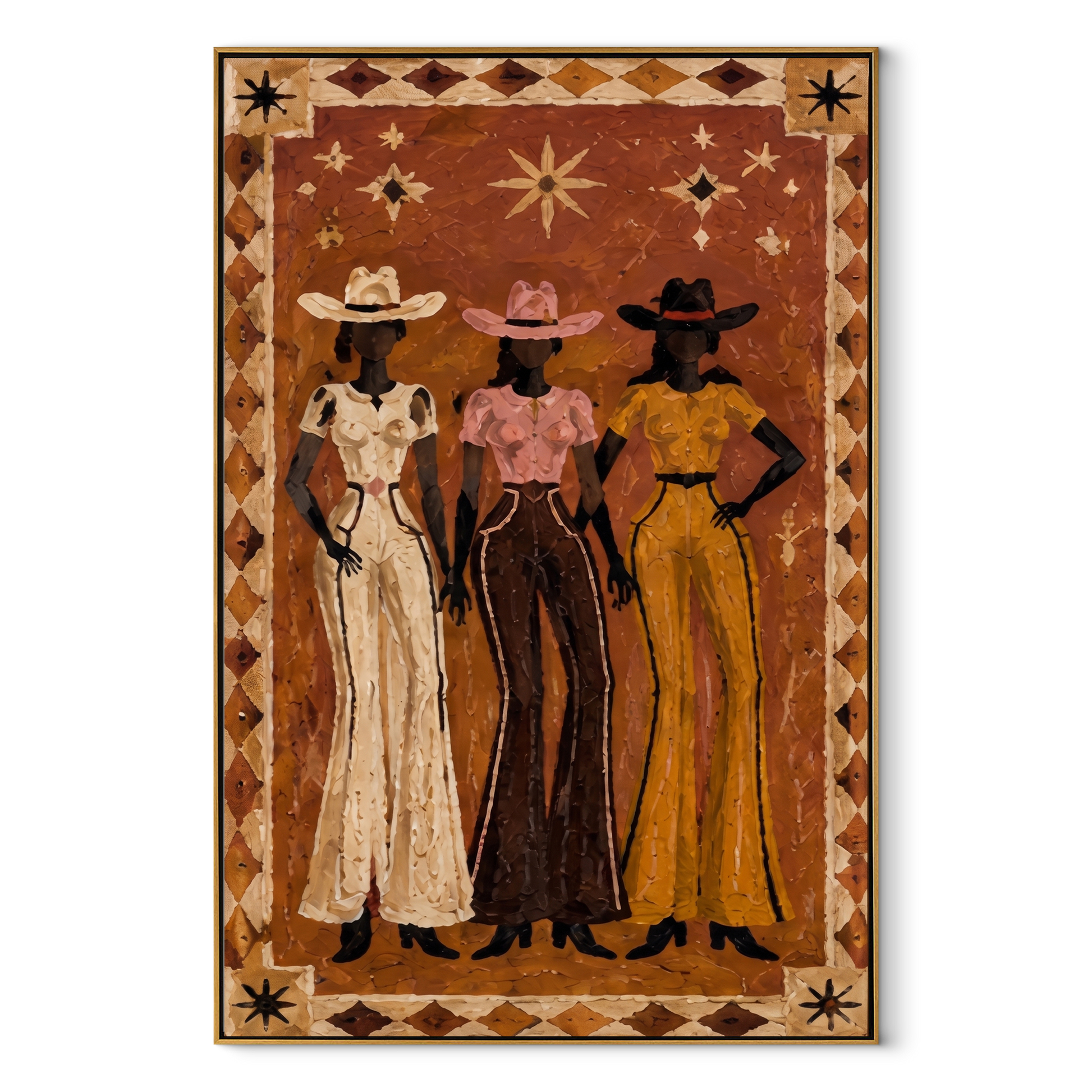 Three Stars Stand Together - three cowgirls folk portrait painting by Savannah Reed, modern folk art vertical wall art – wood frame on white background