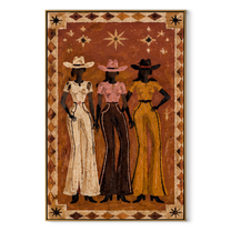 Three Stars Stand Together - three cowgirls folk portrait painting by Savannah Reed, modern folk art vertical wall art – wood frame on white background