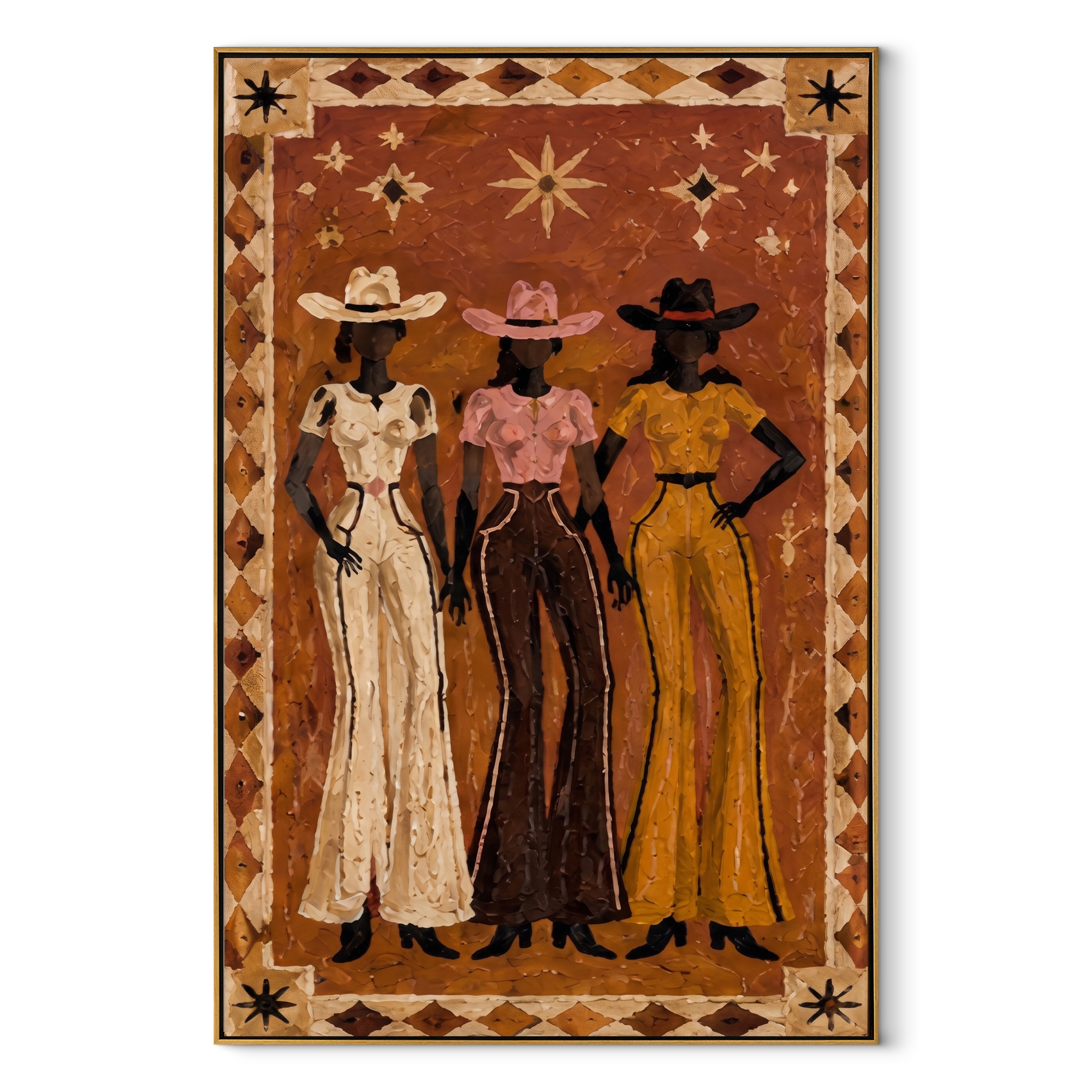 Three Stars Stand Together - three cowgirls folk portrait painting by Savannah Reed, modern folk art vertical wall art – wood frame on white background