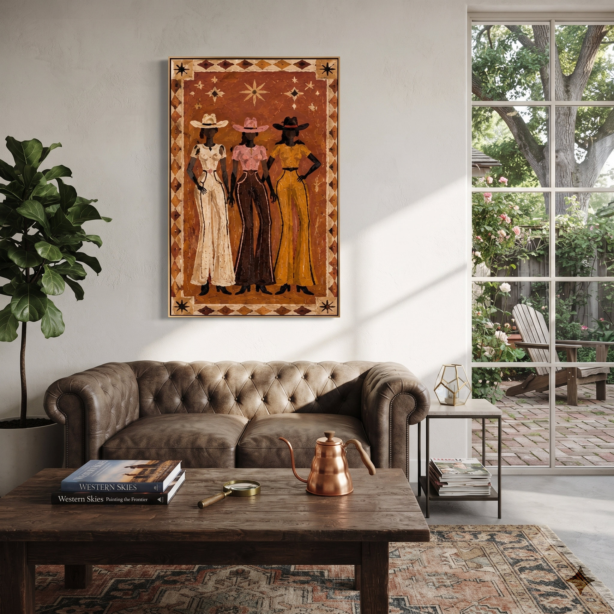 Three Stars Stand Together - three cowgirls folk portrait painting by Savannah Reed, modern folk art vertical wall art – styled room scene view 2