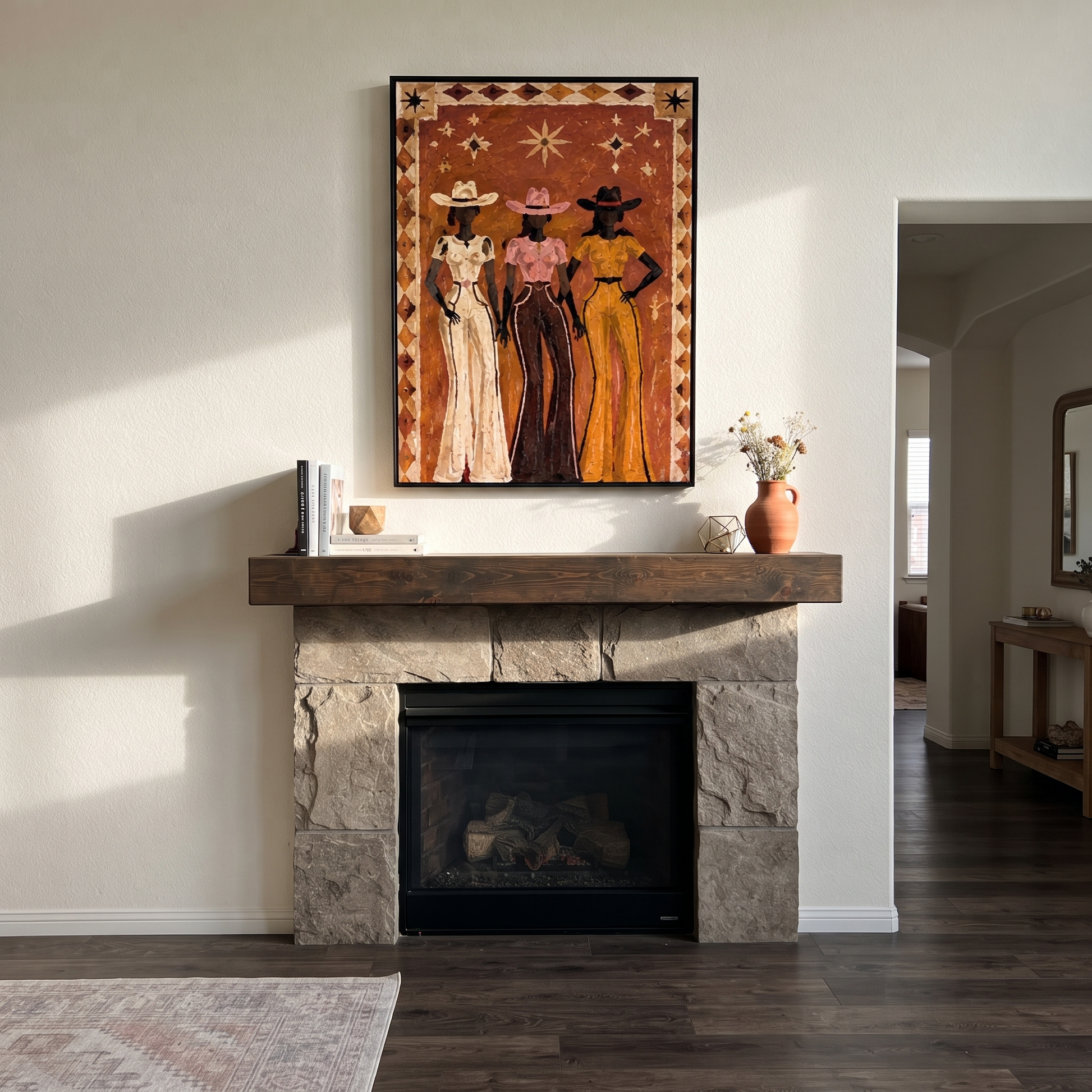 Three Stars Stand Together - three cowgirls folk portrait painting by Savannah Reed, modern folk art vertical wall art – styled room scene view 3