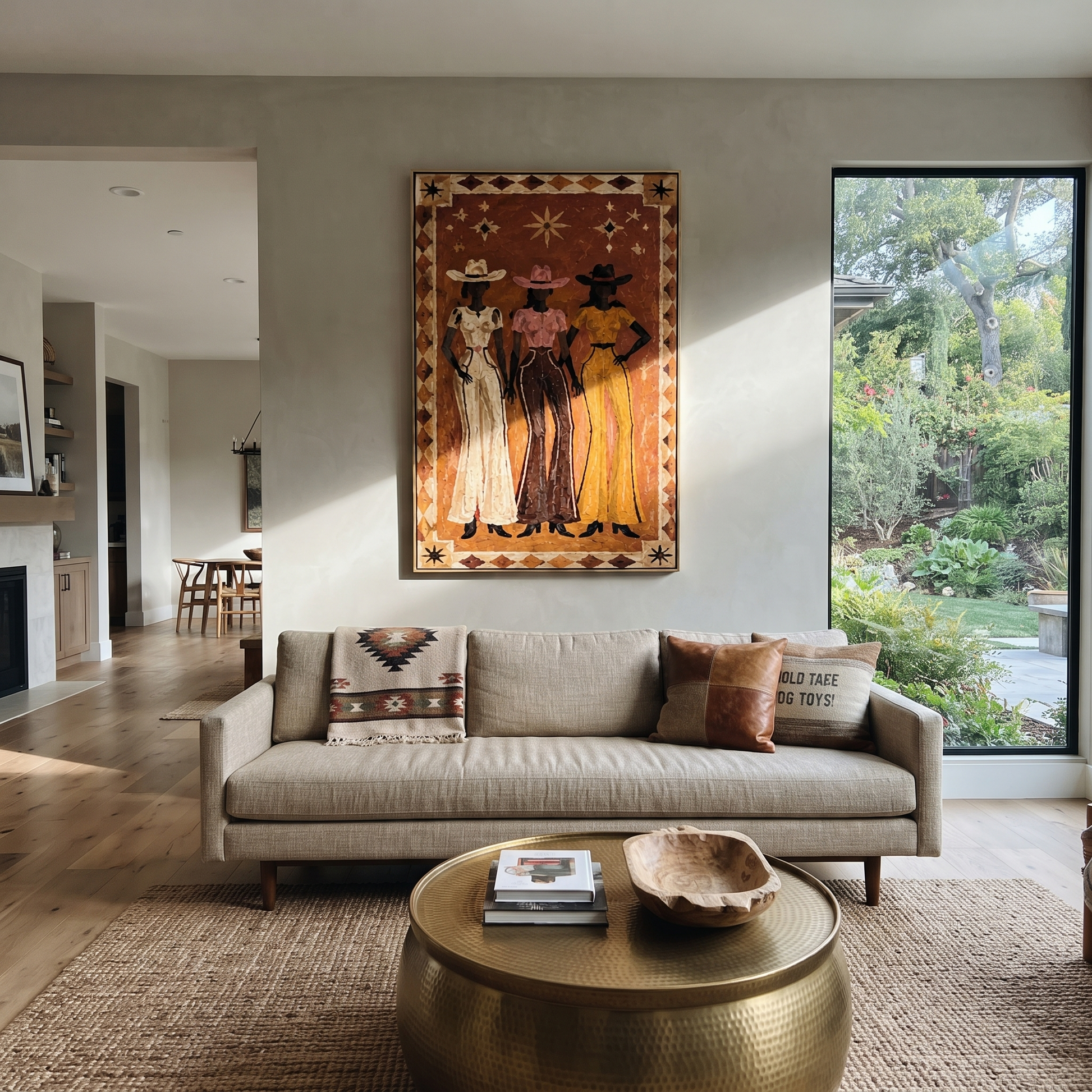 Three Stars Stand Together - three cowgirls folk portrait painting by Savannah Reed, modern folk art vertical wall art – styled room scene view 4