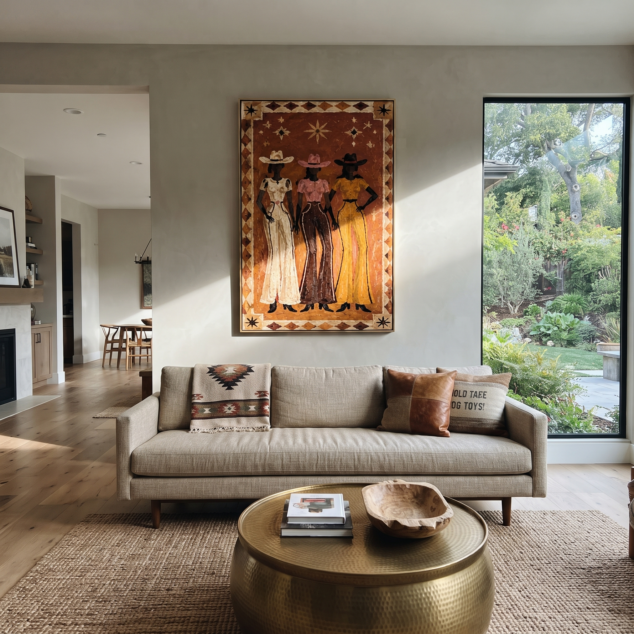Three Stars Stand Together - three cowgirls folk portrait painting by Savannah Reed, modern folk art vertical wall art – styled room scene view 4
