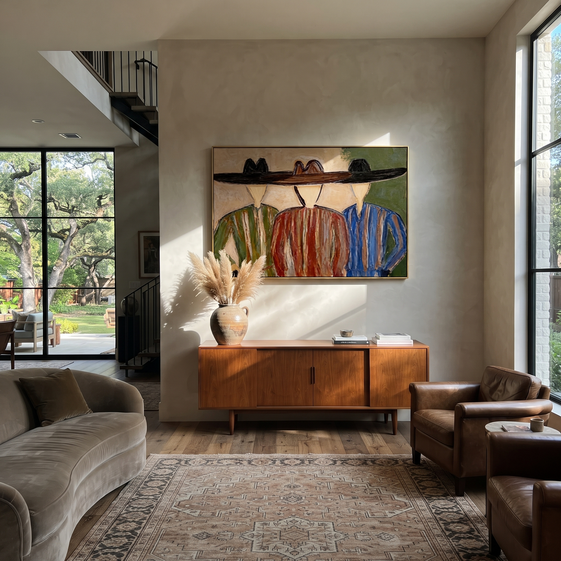 Wide Hats Share Shade - three cowboy portrait painting by Savannah Reed, modern folk art horizontal wall art – styled room scene view 1