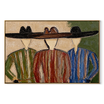 Wide Hats Share Shade - three cowboy portrait painting by Savannah Reed, modern folk art horizontal wall art – wood frame on white background