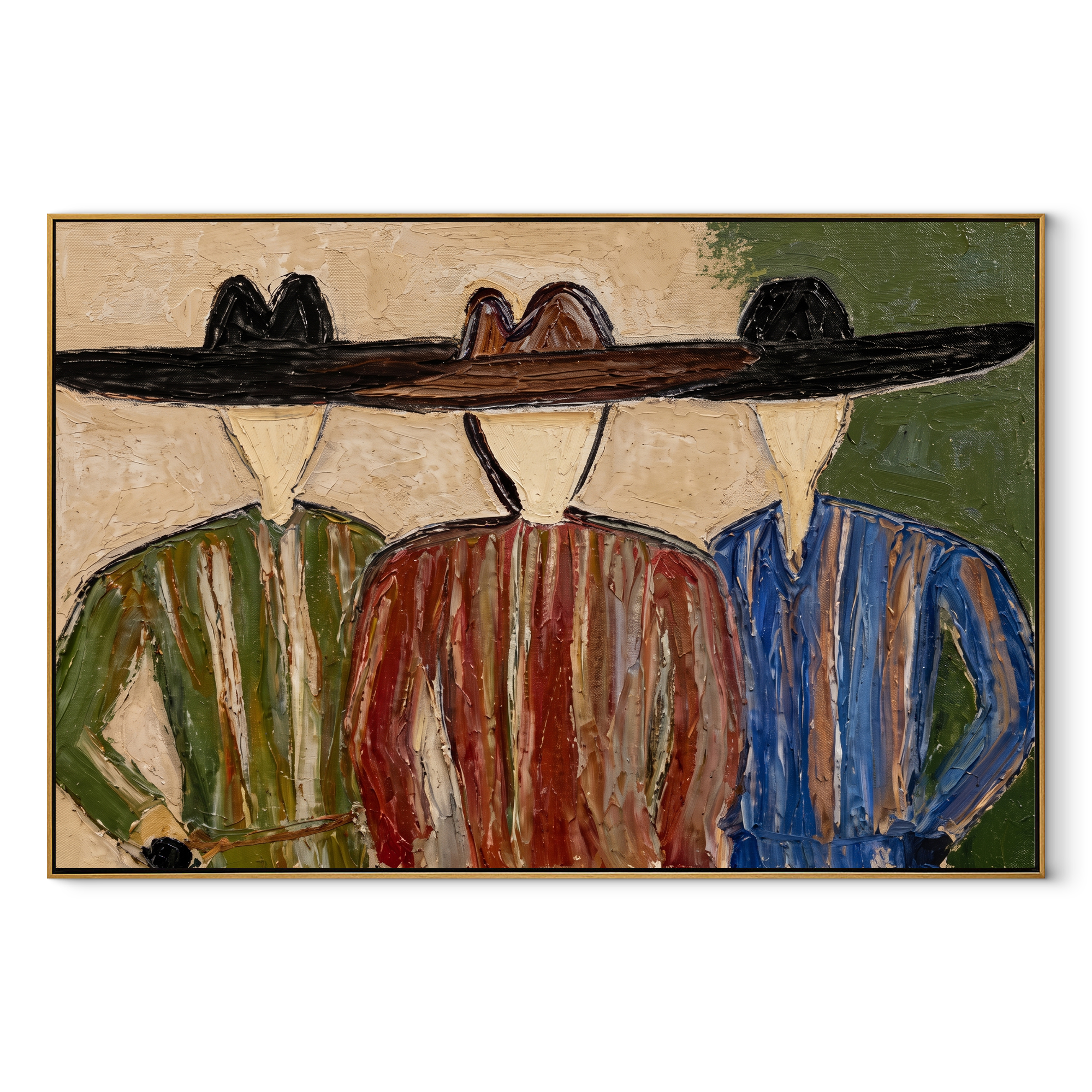 Wide Hats Share Shade - three cowboy portrait painting by Savannah Reed, modern folk art horizontal wall art – wood frame on white background