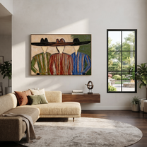 Wide Hats Share Shade - three cowboy portrait painting by Savannah Reed, modern folk art horizontal wall art – styled room scene view 2