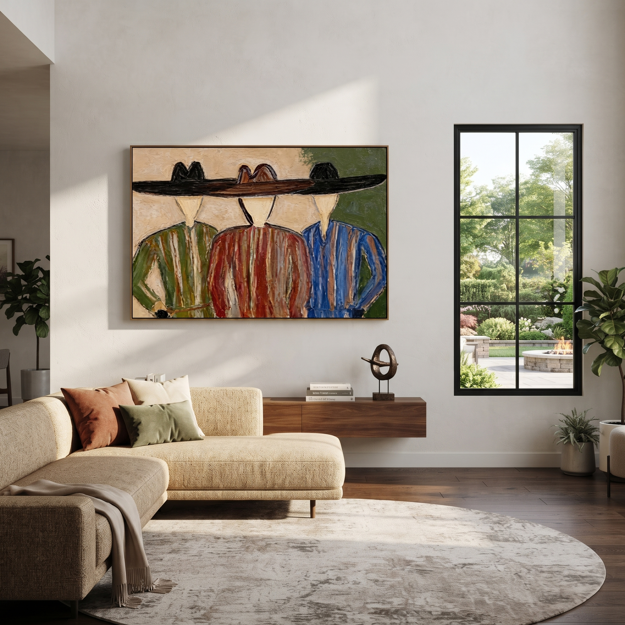 Wide Hats Share Shade - three cowboy portrait painting by Savannah Reed, modern folk art horizontal wall art – styled room scene view 2
