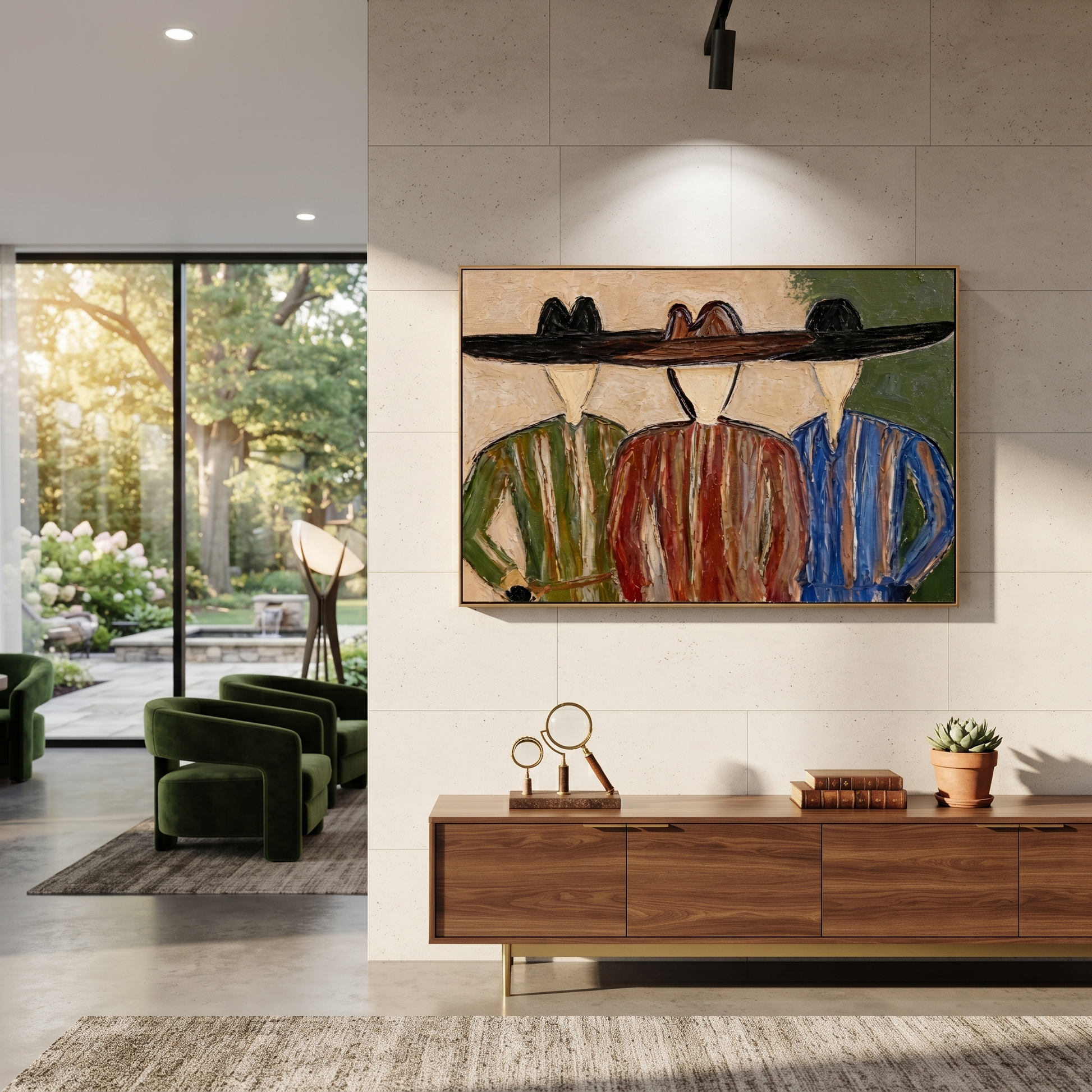 Wide Hats Share Shade - three cowboy portrait painting by Savannah Reed, modern folk art horizontal wall art – styled room scene view 3