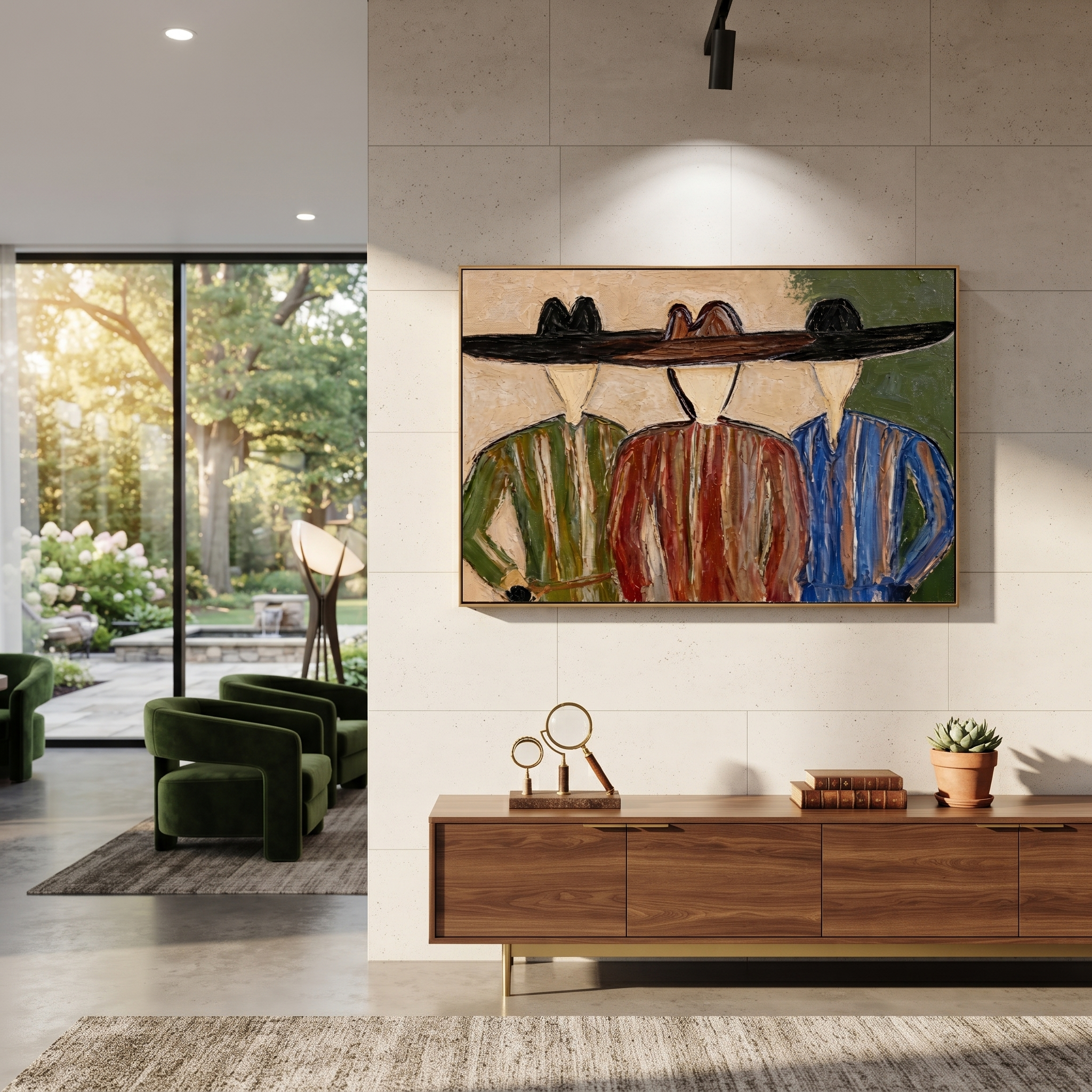 Wide Hats Share Shade - three cowboy portrait painting by Savannah Reed, modern folk art horizontal wall art – styled room scene view 3