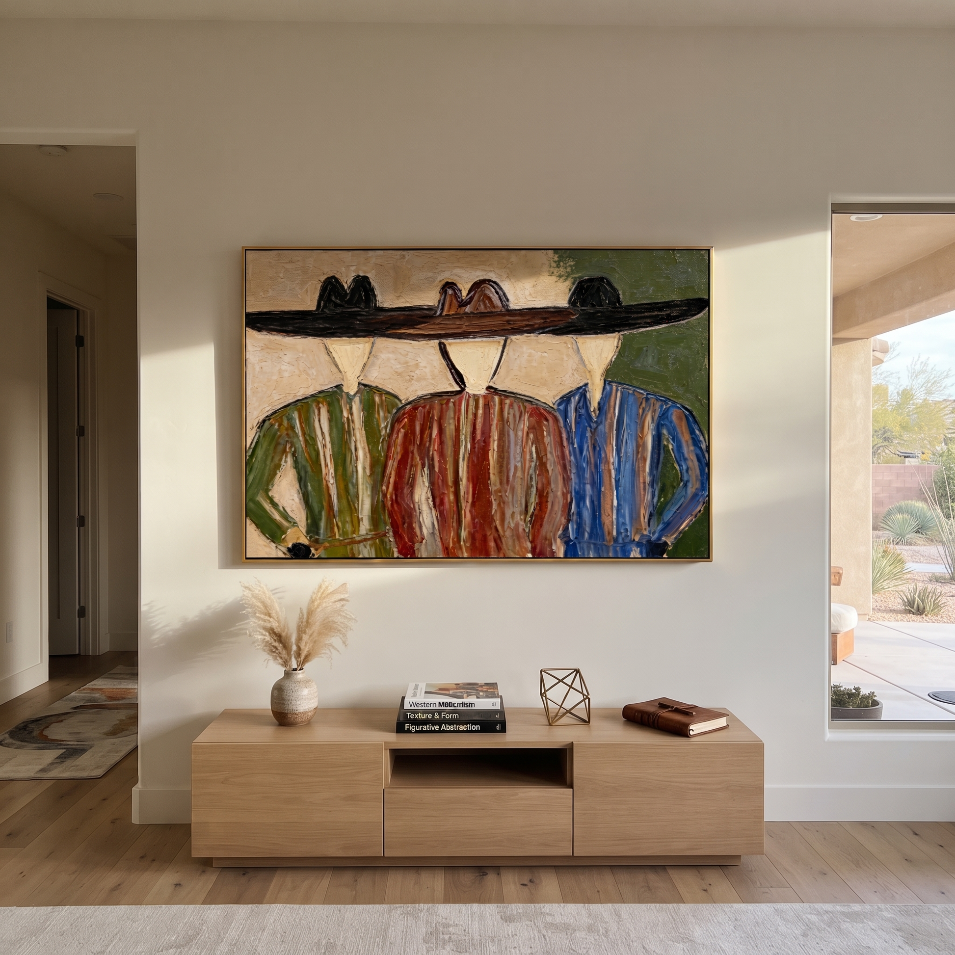 Wide Hats Share Shade - three cowboy portrait painting by Savannah Reed, modern folk art horizontal wall art – styled room scene view 4