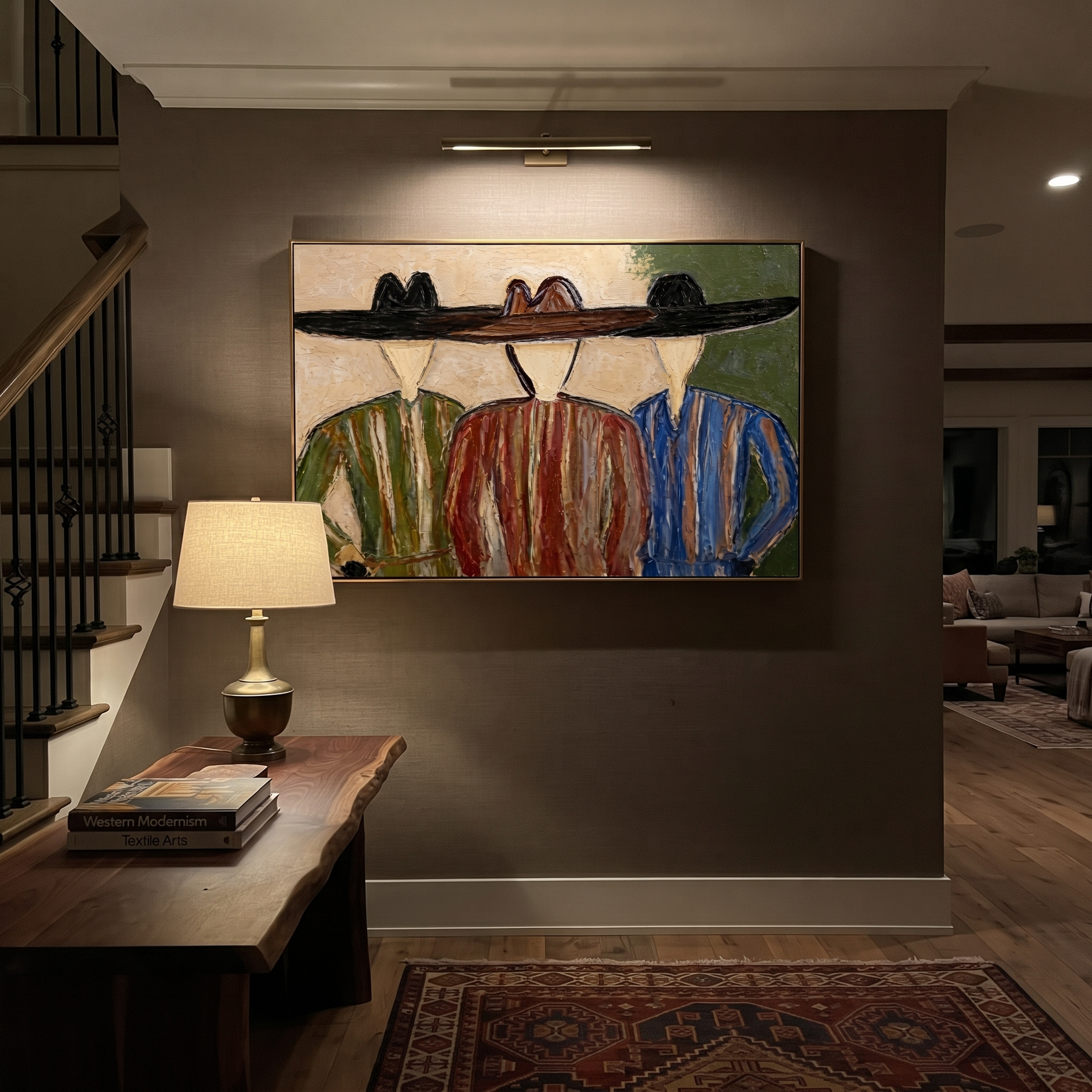 Wide Hats Share Shade - three cowboy portrait painting by Savannah Reed, modern folk art horizontal wall art – styled room scene view 5