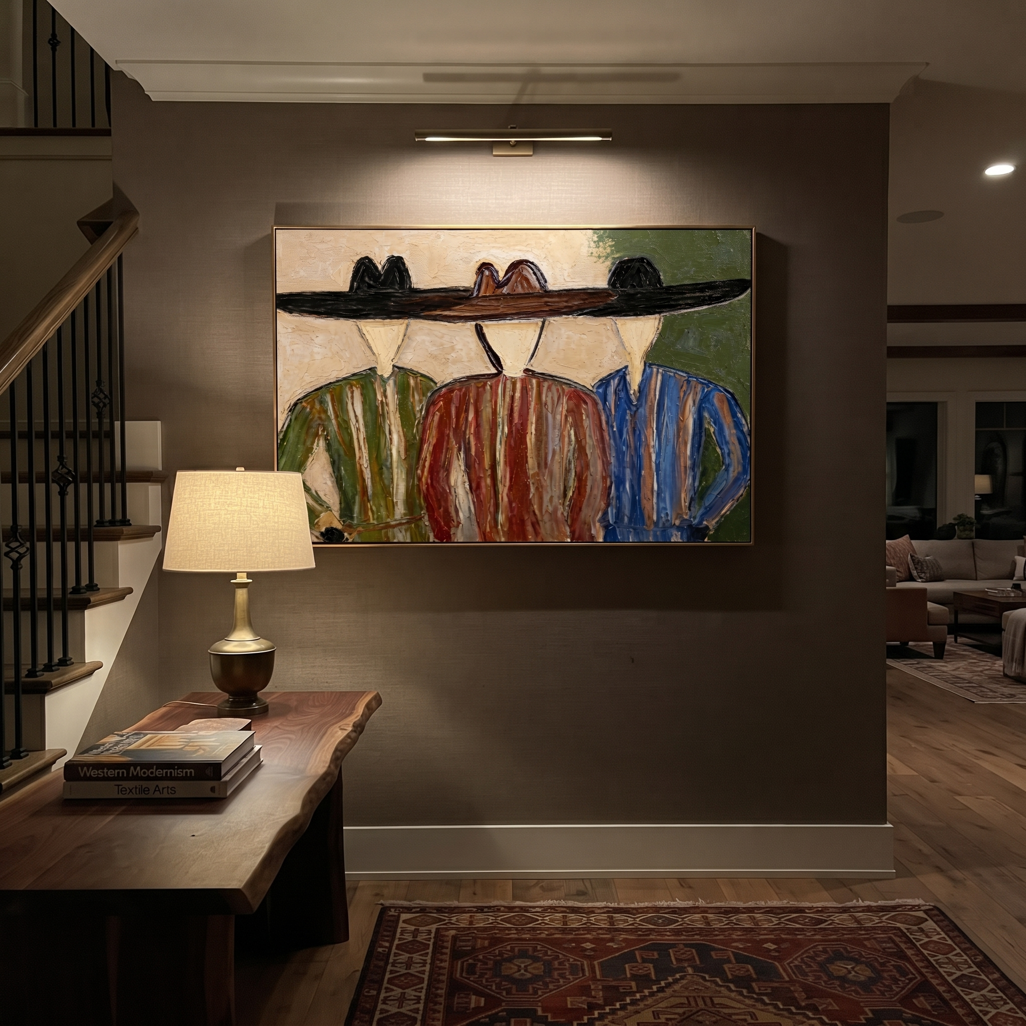 Wide Hats Share Shade - three cowboy portrait painting by Savannah Reed, modern folk art horizontal wall art – styled room scene view 5
