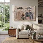 Four Hats Face Morning - minimalist western family painting by Savannah Reed, modern folk art horizontal wall art – styled room scene view 1