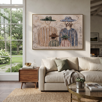 Four Hats Face Morning - minimalist western family painting by Savannah Reed, modern folk art horizontal wall art – styled room scene view 1