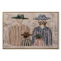 Four Hats Face Morning - minimalist western family painting by Savannah Reed, modern folk art horizontal wall art – wood frame on white background