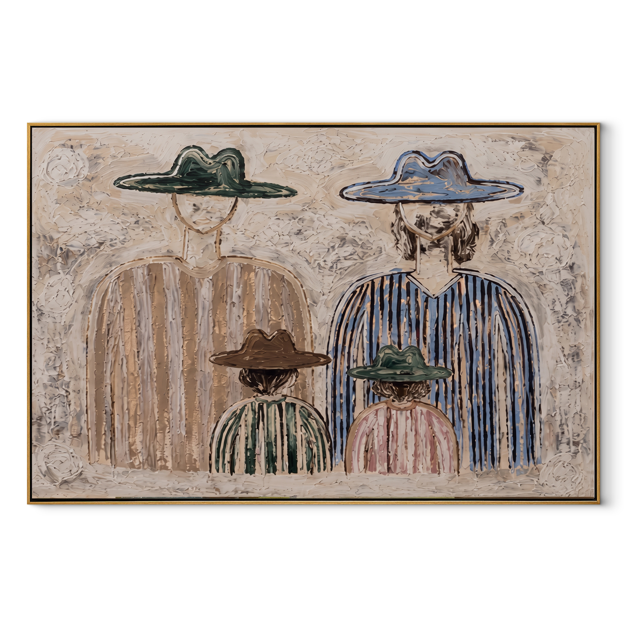 Four Hats Face Morning - minimalist western family painting by Savannah Reed, modern folk art horizontal wall art – wood frame on white background