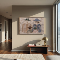 Four Hats Face Morning - minimalist western family painting by Savannah Reed, modern folk art horizontal wall art – styled room scene view 3