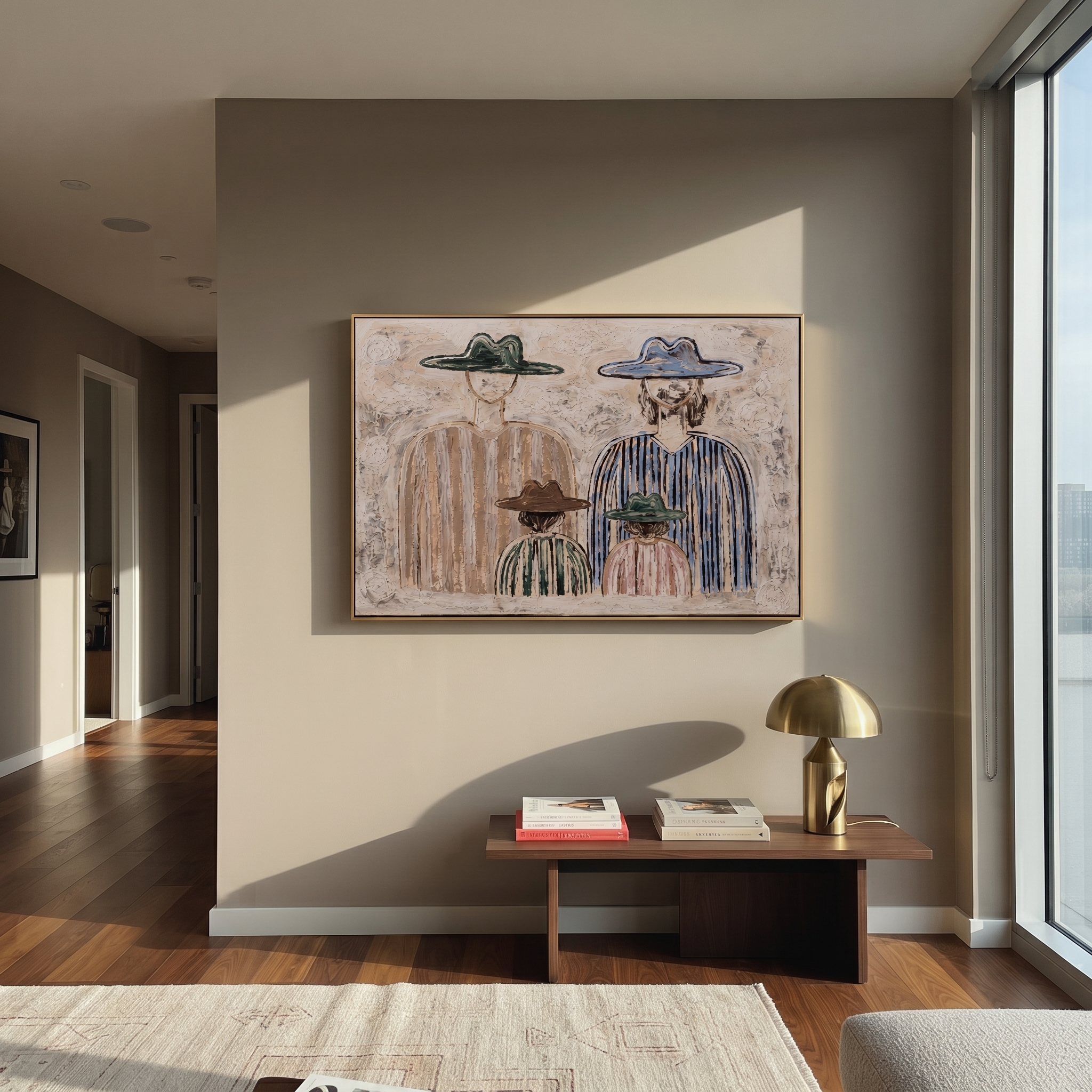 Four Hats Face Morning - minimalist western family painting by Savannah Reed, modern folk art horizontal wall art – styled room scene view 3