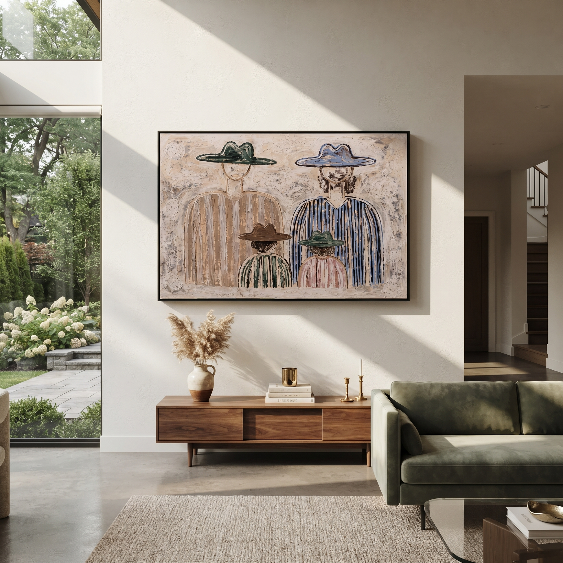 Four Hats Face Morning - minimalist western family painting by Savannah Reed, modern folk art horizontal wall art – styled room scene view 5