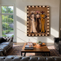 Three Dresses Keep Watch - three cowgirls portrait painting by Savannah Reed, modern folk art vertical wall art – styled room scene view 1